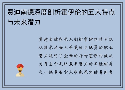 费迪南德深度剖析霍伊伦的五大特点与未来潜力